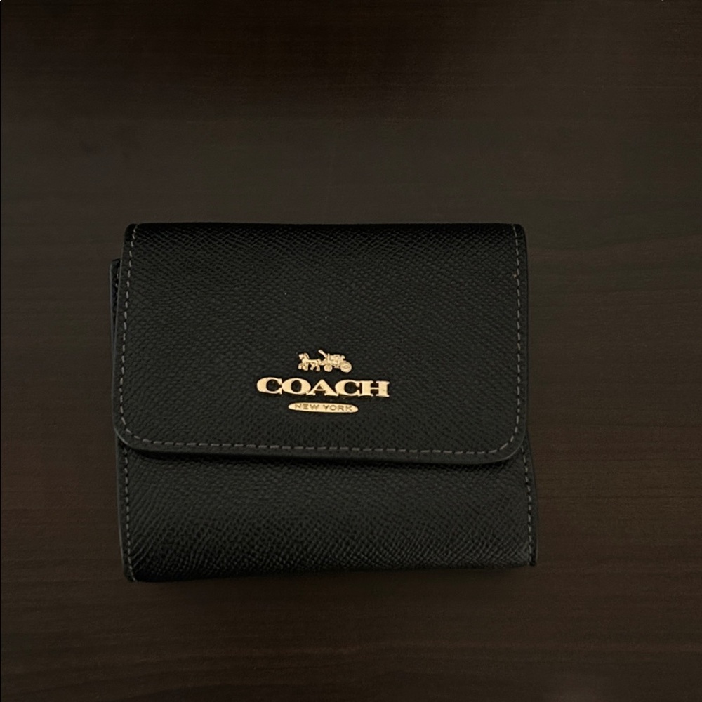 Coach Black Tri-Fold Wallet with Gold Logo Plaque